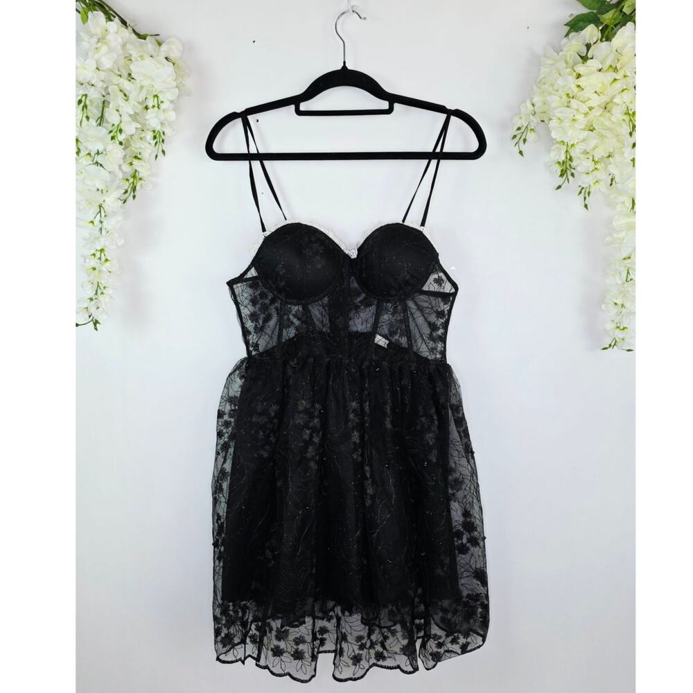 Sheer Mesh Babydoll Dress Large Black Lace Bustier Coquette Whimsigoth Fairy